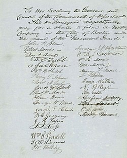 Petition to the Massachusetts legislature to form a military company called the "Massasoit Guards." Signed by John P. Coburn, Robert Morris, John S. Rock, Lewis Hayden, and others. Massasoit Guards petition.jpg