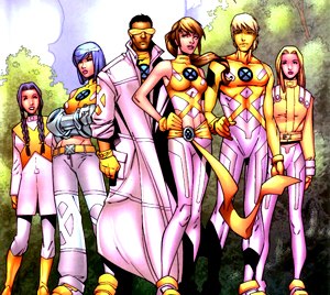 The New Mutants from New X-Men: Academy X #2 by Randy Green. From left to right: Danielle Moonstar, Surge, Prodigy, Wind Dancer, Elixir, Wallflower.