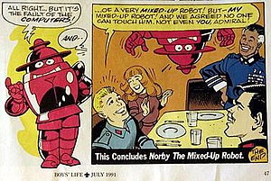 A sample strip from the series from July 1991. Left frame, Norby. Right frame, left to right: Jeff, Albany, Norby, Yobo, Fargo. Norby-comic.jpg