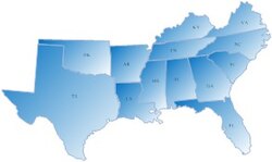 Map depicting the US states of Alabama, Arkansas, Florida, Georgia, Kentucky, Louisiana, Mississippi, North Carolina, Oklahoma, South Carolina, Tennessee, Texas, and Virginia.