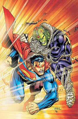 Brainiac battles Superman during the Infinite Crisis event. Cover of Superman (vol. 2) #219 (September 2005). Art by Ed Benes.