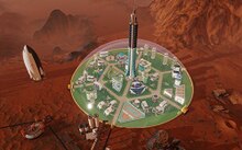 Screenshot of the game, showing a dome and its buildings. Surviving Mars screenshot.jpg