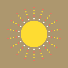 A yellow circle with white, red and yellow dots around it in the style of a sun and its rays