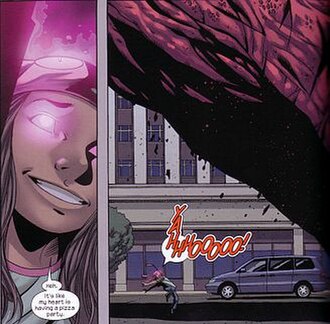 After being energized, Molly tosses the weight of a skyscraper-sized monster in Runaways vol. 2 #20. Art by Adrian Alphona.