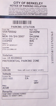 A parking ticket issued in the City of Berkeley, California. Parking ticket Berkeley.png