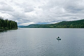 Fishing on Polley Lake in 2019. Fish habitats were installed on middle and upper Hazeltine Creek during remediation efforts after the Mount Polley dam breach Polley Lake fishing.jpg