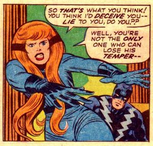 Crystal arguing with her boyfriend Johnny Storm, from Fantastic Four #99. Art by Jack Kirby and Joe Sinnott. CrystalFF99.jpg