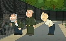 Screenshot from the episode, depicting the man giving a "loser" gesture Family Guy scoreboard.jpg