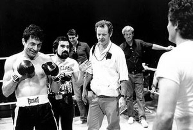 Filming of the boxing scenes with director, Scorsese (center left, with beard) and the director of photography, Michael Chapman (center right, with wh