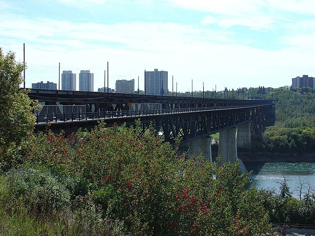 Edmonton's High Level Bridge from north bank, above LRT portal, September 2006