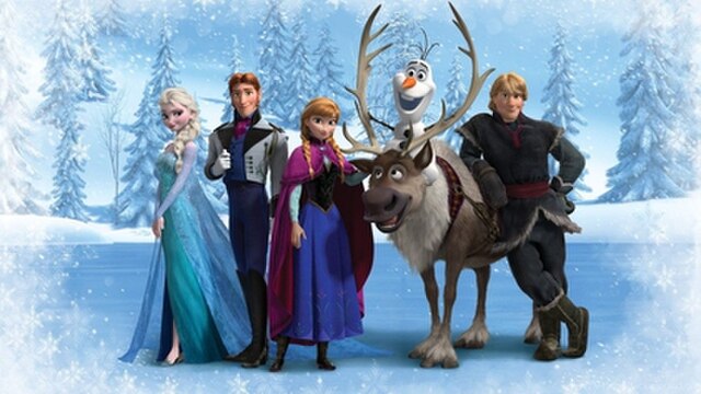 A promotional image of the main characters from the film. From left to right: Elsa, Hans, Anna, Sven, Olaf, and Kristoff.