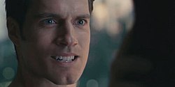 Closeup of Clark/Superman in the theatrical cut of Justice League. The execution of Henry Cavill's digitally-erased mustache in the cut has drawn ridicule. JL17 Superman erased mustache.jpg