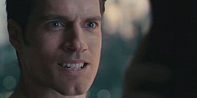 Closeup of Superman's face in the theatrical cut showing the "CGI lip", which has drawn ridicule. JL17 Superman erased mustache.jpg