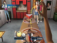 The player's character lining up a shot. Its gameplay and graphics received criticism. Pong Toss gameplay.jpg