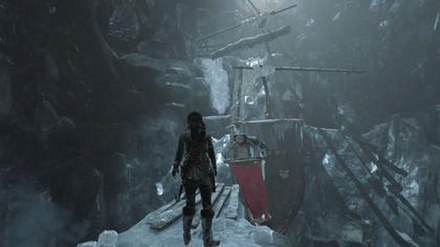 Lara Croft explores one of the game's challenge tombs, which contains an ice ship.