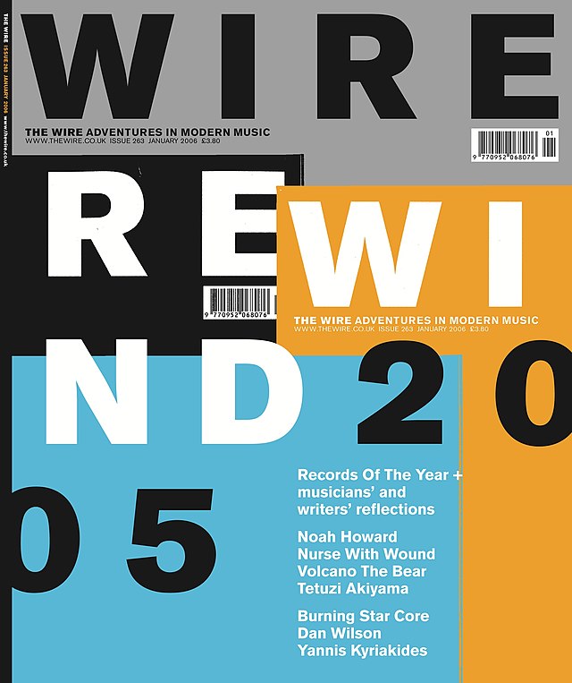 A magazine cover with simple rectangular shapes in grey, black, orange and blue. The words "Wire Rewind 2005" are prominent in all-caps, along with a smaller list of musicians covered in this issue.