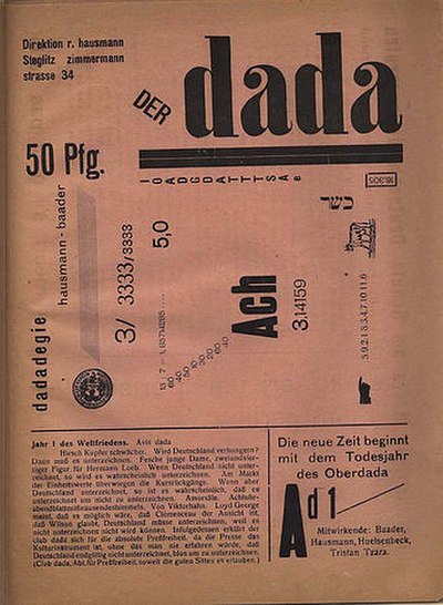 Cover of der Dada vol1, including a poem, "Dadadegie", by Baader and Hausmann 1919