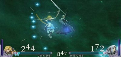 A fight from Dissidia Final Fantasy featuring Zidane Tribal and Sephiroth.