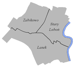 Nordokcidente: Żabikowo; nordoriente: Stary Luboń; sude: Lasek.