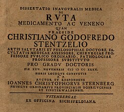 "Dissertatio inauguralis medica De ruta" verko eldonita de Christian Gottfried Stentzel (1698-1748) en (1735), kune kun Ioannes Christophorus Sternberg.