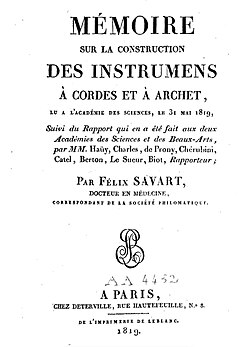 "Mémoire sur la construction des instruments a cordes et a archet" verko eldonita en (1819) far Félix Savart (1791-1841)
