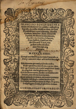 "Quaestio subtilis ac clara, de cura pleuritidis per per venae sectionem", verko eldonita en 1533 de Francesco Bonafede (1474-1558).