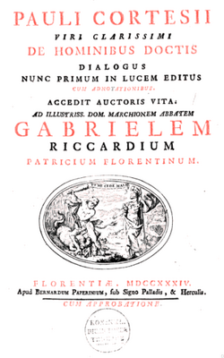 "De hominibus doctis dialogus", verko de Paolo Cortesi (1465-1510), eldonita de Bernardum Paperinium, 1735.