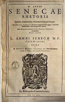 "M. Annaei Senecae rhetoris suasoriae, controversiae, declamationum que excerpta" verko de Seneko la Maljuna eldonita en (1603) de Andreas Schottus (1552-1629) kaj Marcus Antonius Muretus (1526-1585).