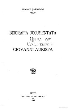 "Biografia documentata di Giovanni Aurispa" verko eldonita en 1891 far Remigio Sabbadini (1850-1934)