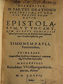 "Dispositio In Partes Orationis Rhetoricae", verko eldonita en (1582) de Simon Pauli la Maljuna (1534-1591)