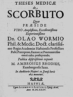 "Theses medicæ De scorbuto" verko eldonita en (1635) far Ambrosius Rhodius.