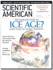 A magazine cover depicting a photorealistic view of the Earth, inserted into a melted ice cube, with the magazines masthead at top and a headline between the masthead and the Earth reading "Did Humans Stop an ICE AGE?" Beneath the headline in smaller type is the subheading "8,000 years of global warming"