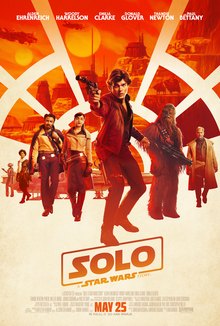 A group of people standing in a row, in the middle stands Han Solo pointing his blaster. The background is divided into blocks resembling a cockpit window.