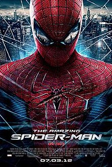Spider-Man, wounded, is covered in a spider web with New York City in the background and as a reflection in his mask. Text at the bottom of the reveals the title, release date, official site of the film, rating and production credits.
