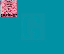A stylized G on a blue background. On the upper left corner is a pink square sticker with a feather boa background, and the text "Only Happy When It Rains - Garbage" in black letters.