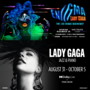 A colorful neon-lit image of Gaga's face with the residency name embossed on top.