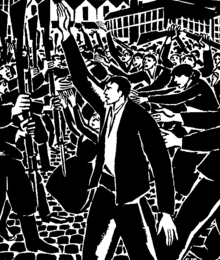 A black-and-white illustration. A group of workers on the right battles against a gun-wielding group on the left. In the centre, facing left, a man in the foreground raises his hand.