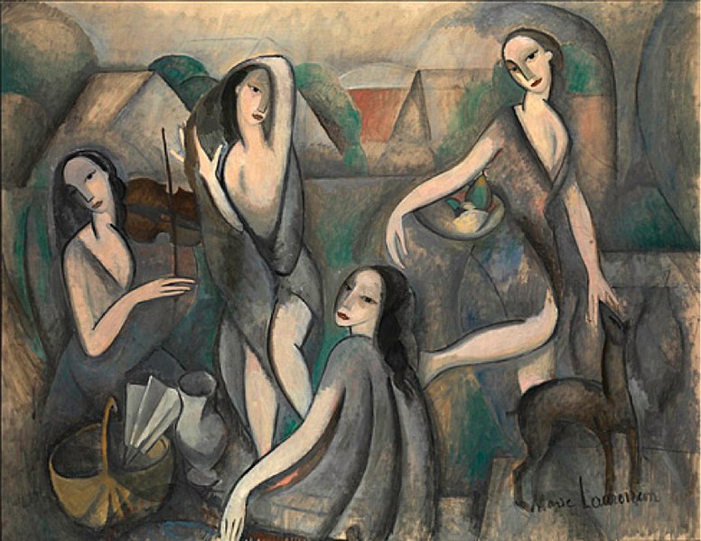 پرونده:Marie Laurencin, 1910-11, Les jeunes filles, Jeune Femmes (Young Girls), oil on canvas, 115 x 146 cm, Moderna Museet, Stockholm.jpg