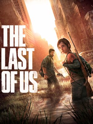 Artwork of Ella, a teenage girl with brown hair. She has a backpack, with a sniper rifle strapped to her side, and is standing behind Joel, a man in his 40s who has brown hair and beard, and a revolver in his left hand. They are standing in a flooded, overgrown city street, turning to face the camera. The text "THE LAST OF US" is positioned to the left.