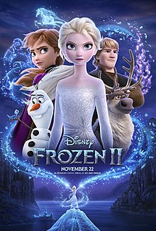 Frozen II theatrical release poster showing Elsa with Anna and Olaf to her right and Kristoff and Sven to her left