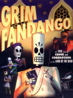 A movie poster-style depiction of several film noir style characters whose appearance is that of stylised skeletons.
