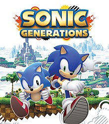 Cover art of Sonic Generations, depicting Classic (left) and Modern (right) variants of سونیک خارپشت running alongside each other in a warped version of منطقه گرین هیل. The game's logo is seen atop of them.