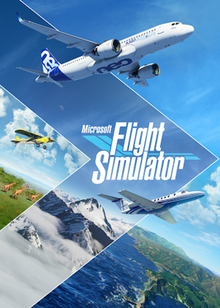 A series of general aviation and commercial aircraft flying in unison above three different areas with different climates, bordered by triangles. In the center, slightly diagonal, is the Microsoft Flight Simulator title.