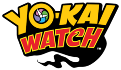 Logo of the series, with the word "YO-KAI" written in a yellow font and the O made to resemble the eponymous device, with a multicolored face and white hands; and the word "WATCH" in a red font, with the C being stylized. The words are surrounded by a tapering black wisp.