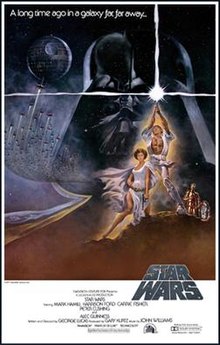 Film poster showing Luke Skywalker heroically holding a lightsaber in the air, Princess Leia kneeling beside him, and R2-D2 and C-3PO behind them. A figure of the head of Darth Vader and the Death Star with several starfighters heading towards it are shown in the background. Atop the image is the tag line of the movie "A long time ago in a galaxy far, far away..." On the bottom right is the film's logo, and the credits and the production details below that.