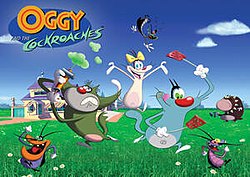 Oggy holds a sandwich and is oblivious that the three cockroaches, Dee Dee, Marky and Joey, are taking bites.