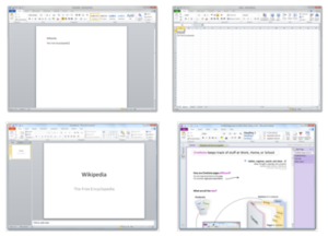 برنامه‌های Microsoft Office 2007 نشان داده شده در ویندوز ۱۰ (در جهت عقربه‌های ساعت از بالا سمت چپ: اکسل، ورد، OneNote، پاورپوینت ؛ این چهار برنامه نسخه Home و Student را تشکیل می‌دهند)