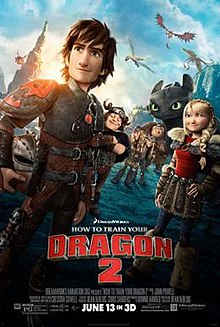 A dark haired boy, holding a helmet by his side, his friends and a black dragon behind him. Dragons are flying overhead.