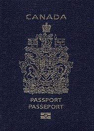 A navy blue passport cover with a gold-coloured crest. Text reads "CANADA" above the crest and "PASSPORT" and "PASSEPORT" below