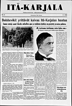 Itä-Karjalan etusivu 5. heinäkuuta 1944. Kyseessä viimeinen lehden numero. Suomen armeijan joukot olivat luovuttaneet Itä-Karjalan pääkaupunki Petroskoin kesäkuun lopulla puna-armeijalle. Pääuutisena suomalaisten torjuntataistelut ja Suur-Saksan ulkoministeri Joachim von Ribbentropin vierailu Suomessa.